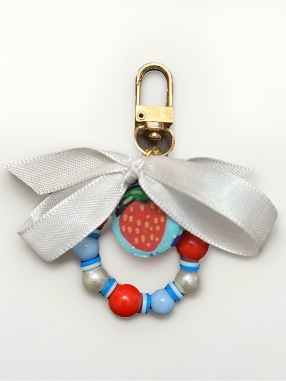 Kids Strawberry Bead Keyring Bag Charm - White Bow